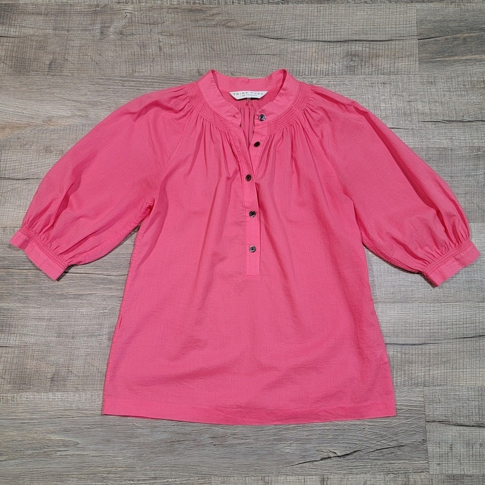 Trina Turk Balloon Puff Sleeve Cotton Short Sleeve Blouse Size Small Pink Henley